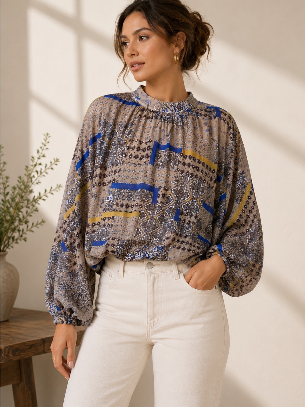 NWT Easel “Easy on the Eyes” Royal Boho Patchwork Dolman Bubble Hem Blouse L